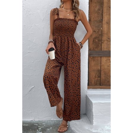 Cheetah Print Smocked Wide Leg Jumpsuit