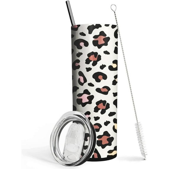 Cheetah Print Tumbler With Lid and Straw- 20 oz Stainless Steel Vacuum Insulated Leopard Skinny Tumblers Cups - Coffee Travel Mug Cup- Birthday Christmas Gifts for Mom, Women, Sister, Friends