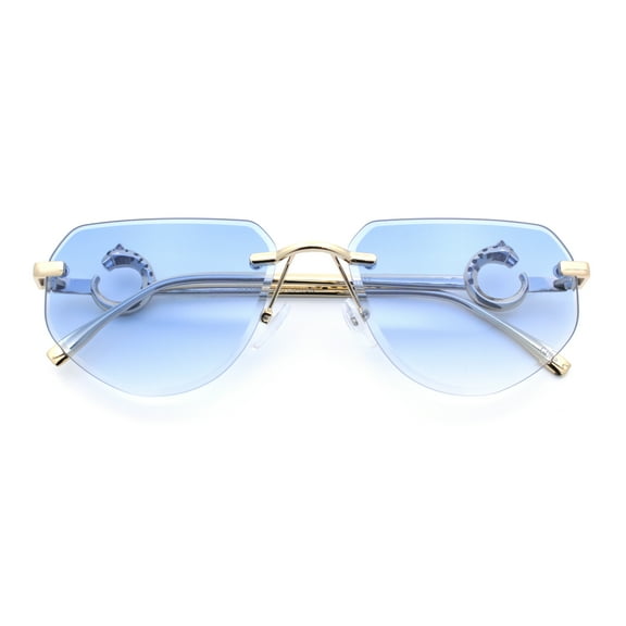 Cheetah Ring Jewel Arm Rimless Rectangular Bevel Lens Sunglasses Gold - Blue