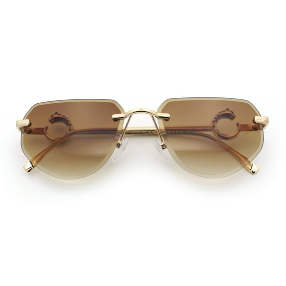 Cheetah Ring Jewel Arm Rimless Rectangular Bevel Lens Sunglasses Gold - Brown
