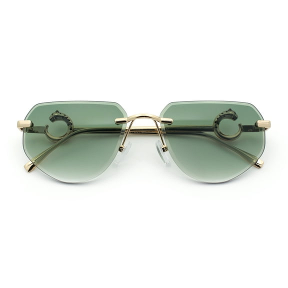 Cheetah Ring Jewel Arm Rimless Rectangular Bevel Lens Sunglasses Gold - Green