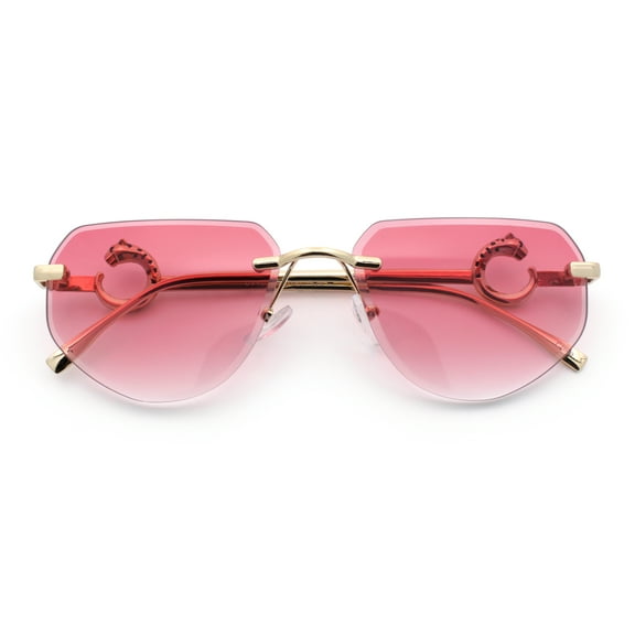 Cheetah Ring Jewel Arm Rimless Rectangular Bevel Lens Sunglasses Gold - Pink