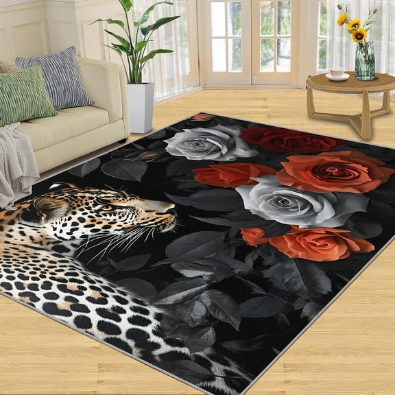 Cheetah Rose Area Rug, Floral Animal Washable Rug, Soft Non Slip Low Pile Carpet for Living Room Bedroom Home Decor 2x3ft
