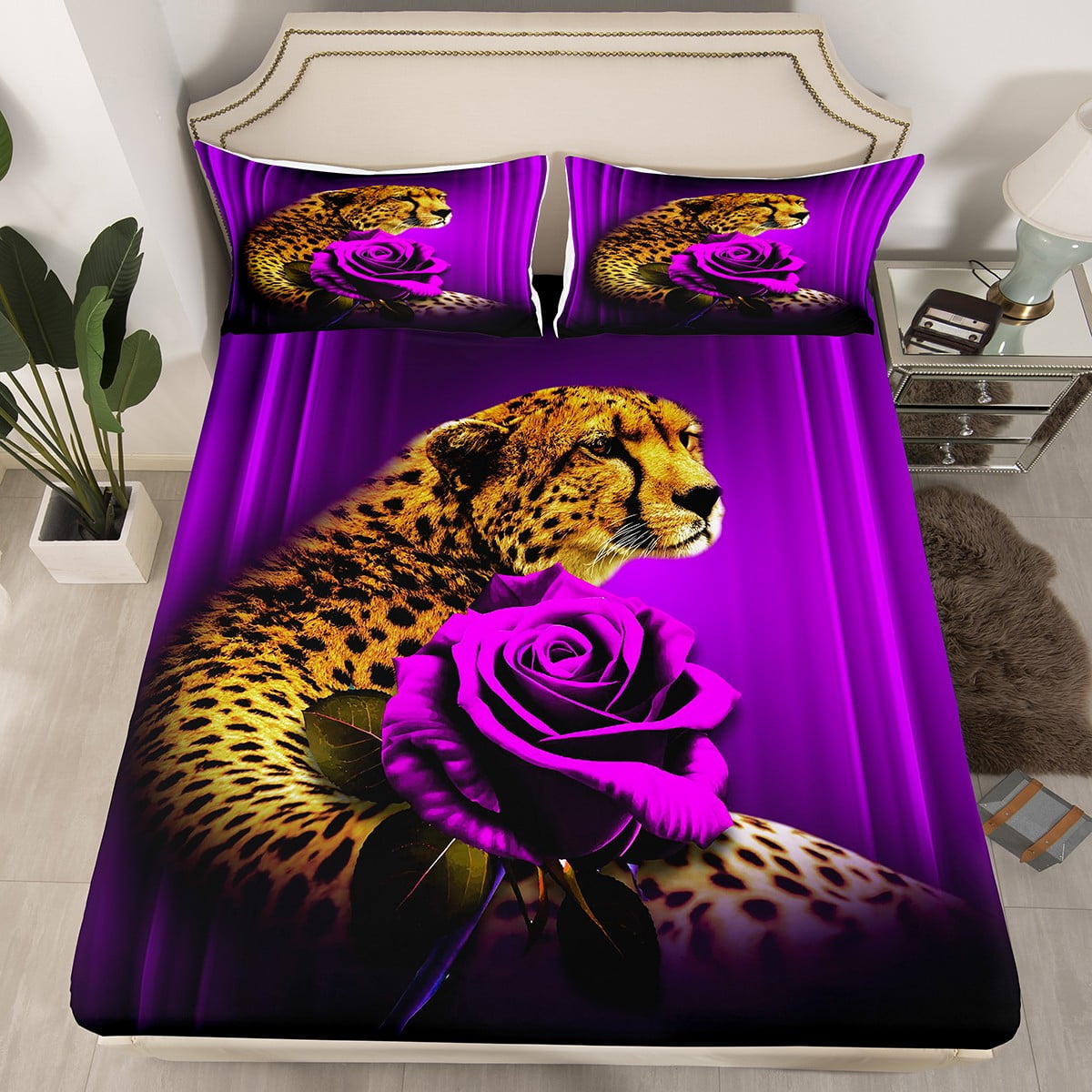 Cheetah Rose Bed Sheets Abstract Ombre Fitted Sheet Twin,Leopard Print
