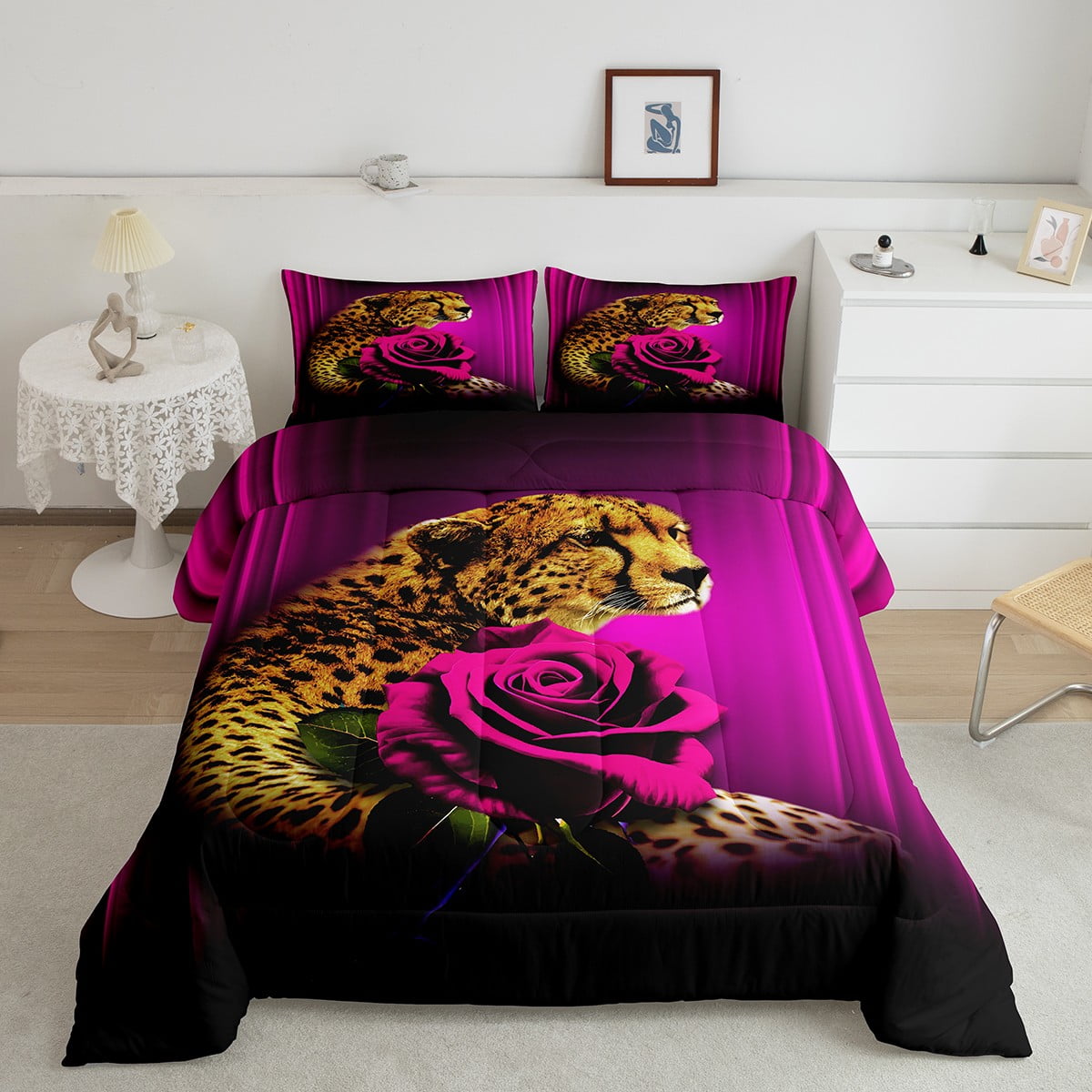Cheetah Rose Bedding Set Abstract Ombre Comforter Set Twin,Leopard