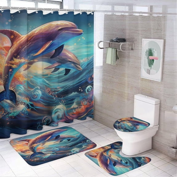 Cheetah Shower Curtain Sets with Rugs 4 Piece, Decor for Bathroom Toilet Bathroom Mat,3D Print,African Wild Animal Sunset Landscape Polyester Fabric 4 Pcs Set