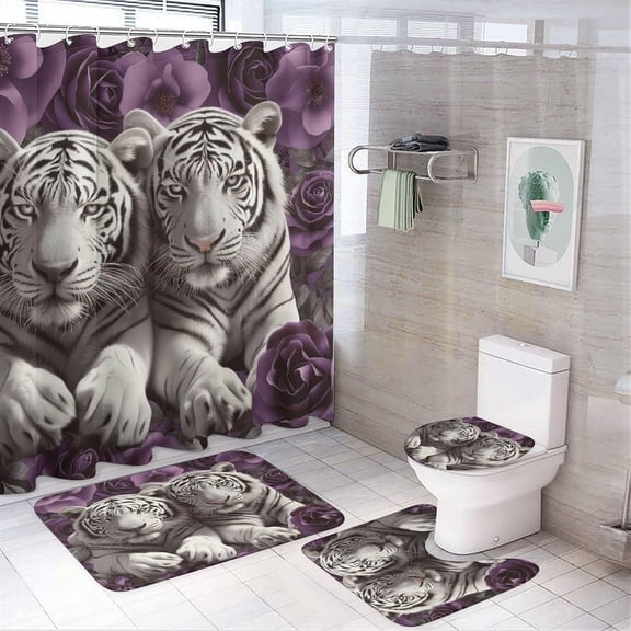 Cheetah Shower Curtain Sets with Rugs 4 Piece, Decor for Bathroom Toilet Bathroom Mat,3D Print,African Wild Animal Sunset Landscape Polyester Fabric 4 Pcs Set