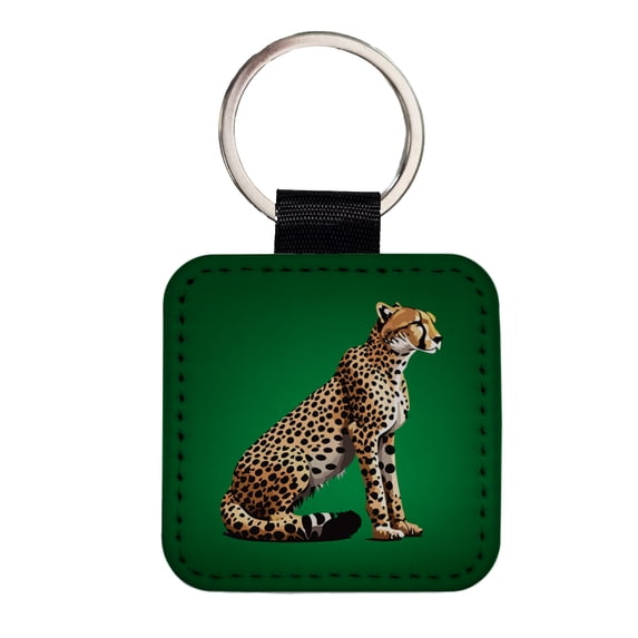 Cheetah Sitting Profile Big Cat Faux Leather Square Keychain