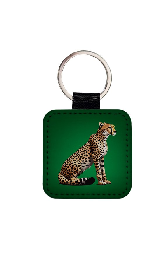 Cheetah Sitting Profile Big Cat Faux Leather Square Keychain
