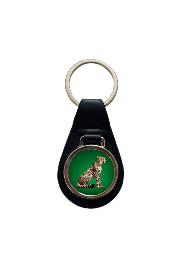 Cheetah Sitting Profile Big Cat Metal Black Leather Keychain