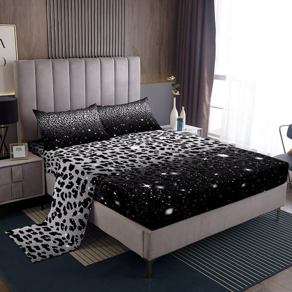Cheetah Skin Sheet Set,Grey Black Leopard Print African Big Cat Sheets for Girls Women,Sparkle Star Galaxy Glitter Fitted Sheet Queen,Woodland Animals Top Sheet