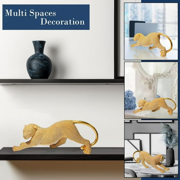 Cheetah Statue - Stretching Leopard Figurine, Modern Resin Sculpture for Home/Office Decor, Elegant Desktop Decoration, Unique Gift for Animal Lovers (Handcrafted Art)Golden