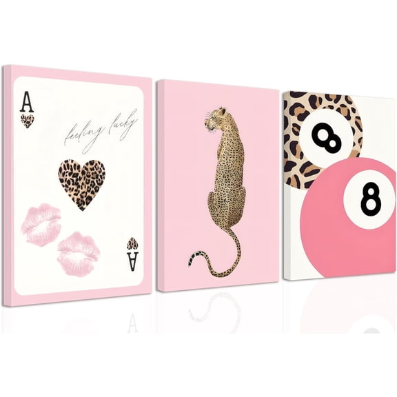 Cheetah Trendy Wall Art Set of 3 Preppy Leopard Canvas Print for College Apartment Room Wall Decor 8 Ball Poster Y2k Pink Coquette Print Lucky Aesthetic Pictures for Bedroom Dorm 12x16 In Framed