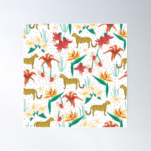 Cheetah Tropical Exotic Florals Pattern Poster Wall Art, Modern Wall Decor For Living Room Bedroom, 17x17 UNFRAMED