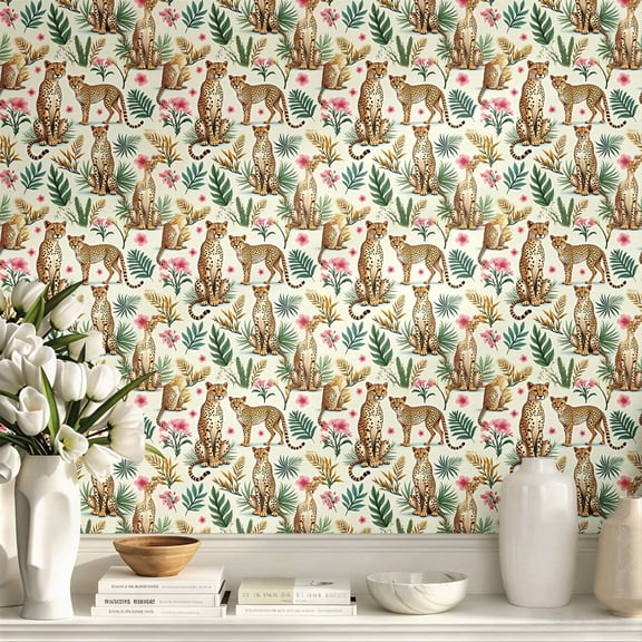 Cheetah Tropical Floral Pattern Boho Modern Funky Stick Wallpaper, Exquisite Whimsical Wall Art Wall Decor Art Print, Home Wall Decoration for Bedroom Living Room Apartment Dorm Room
