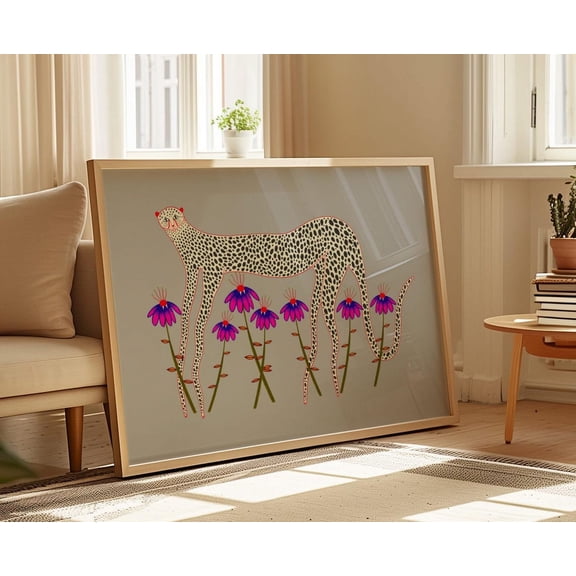 Cheetah and Flowers Unique Signed Art, Unframed Canvas 8x10in