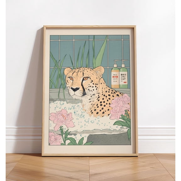Cheetah in Bathtub Japanese Ukiyo e Style Bathroom Art, Unframed Paper Poster 8x10in