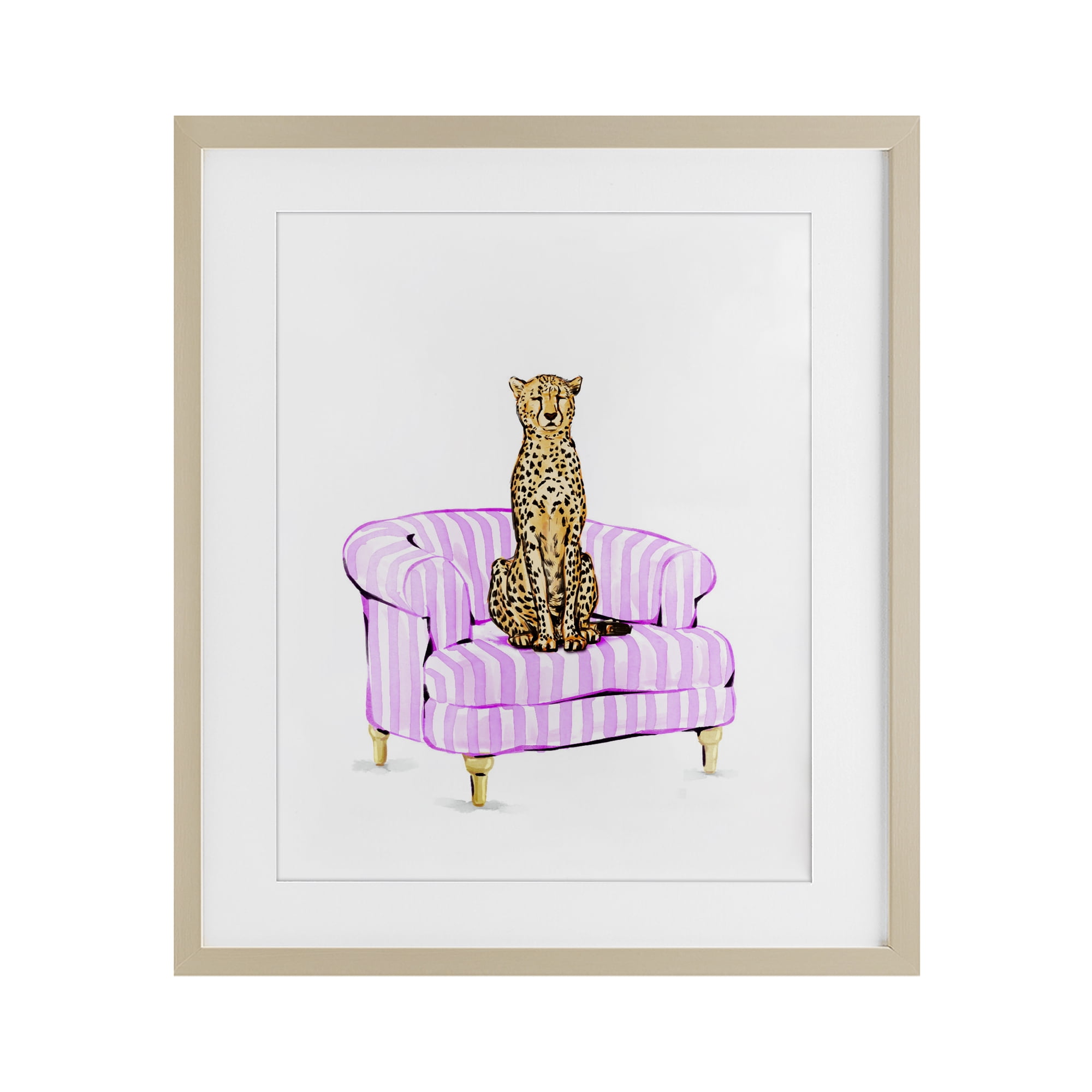 Cheetah on Pink Stripe Chair Birch Framed Print Under Glass, design by Ziwei Li