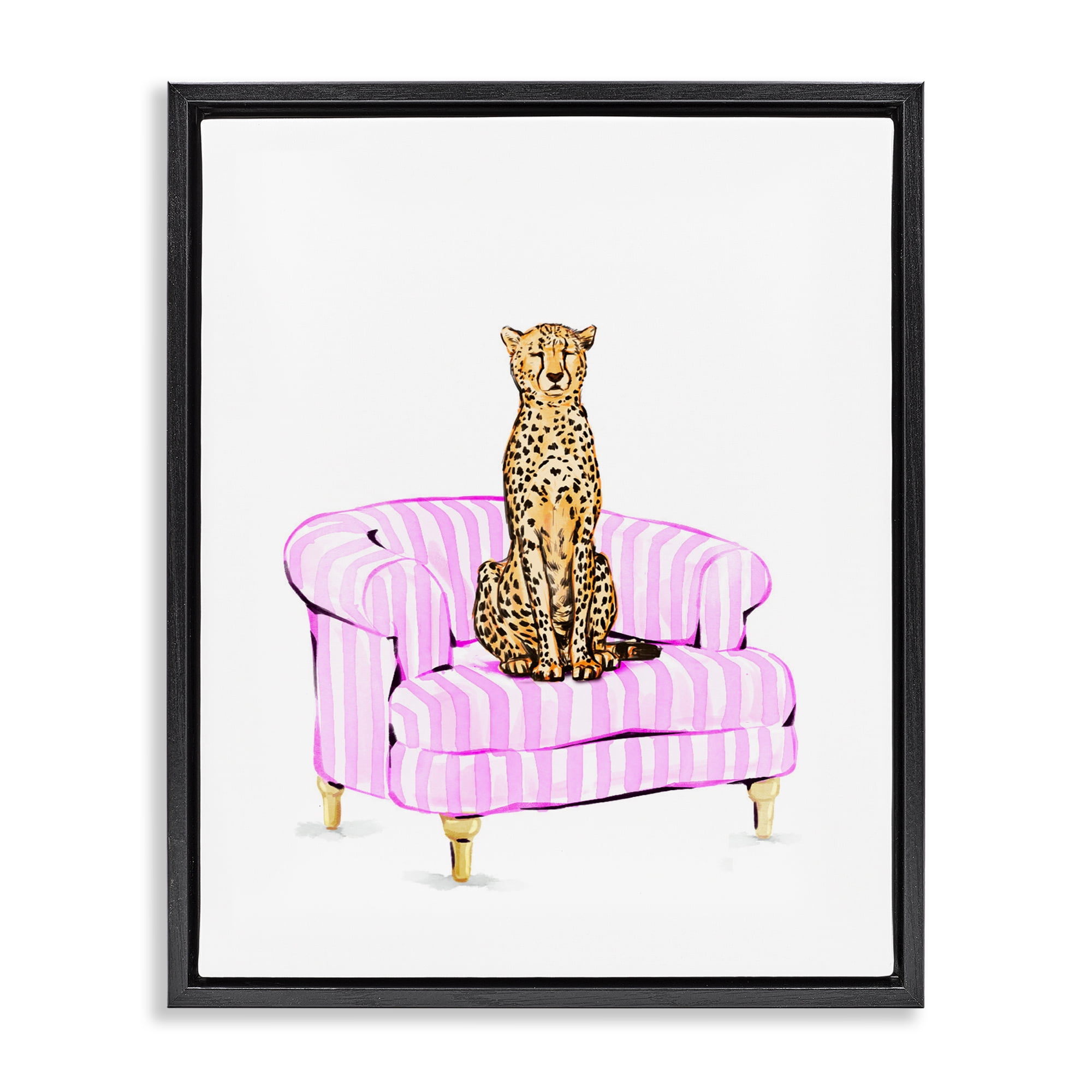 Cheetah on Pink Stripe Chair Black Framed Floater Canvas Wall Art, design by Ziwei Li