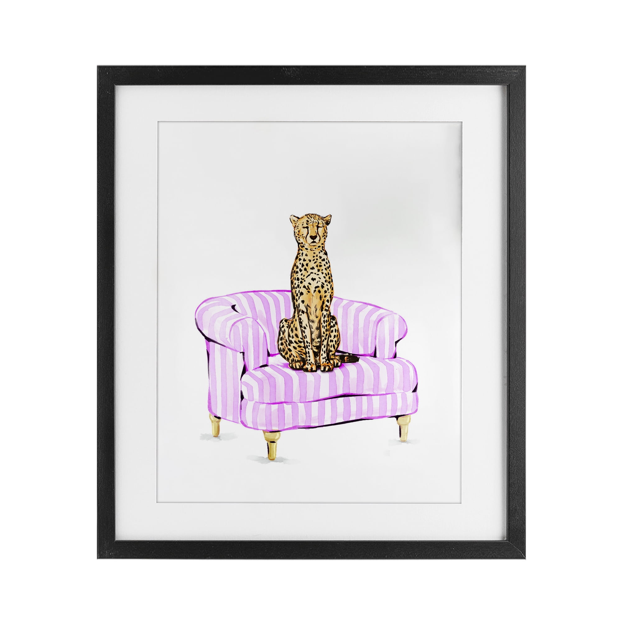Cheetah on Pink Stripe Chair Black Framed Print Under Glass, design by Ziwei Li
