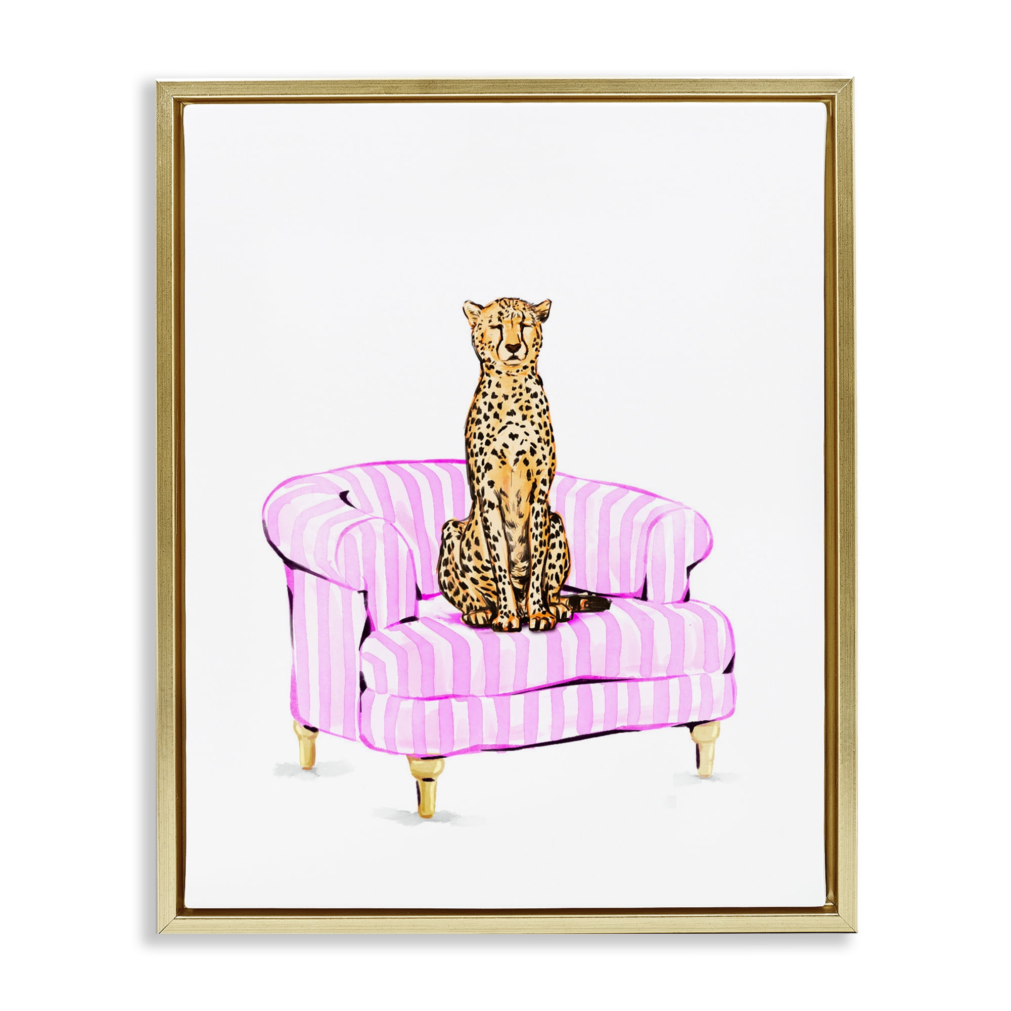 Cheetah on Pink Stripe Chair Gold Framed Floater Canvas Wall Art, design by Ziwei Li