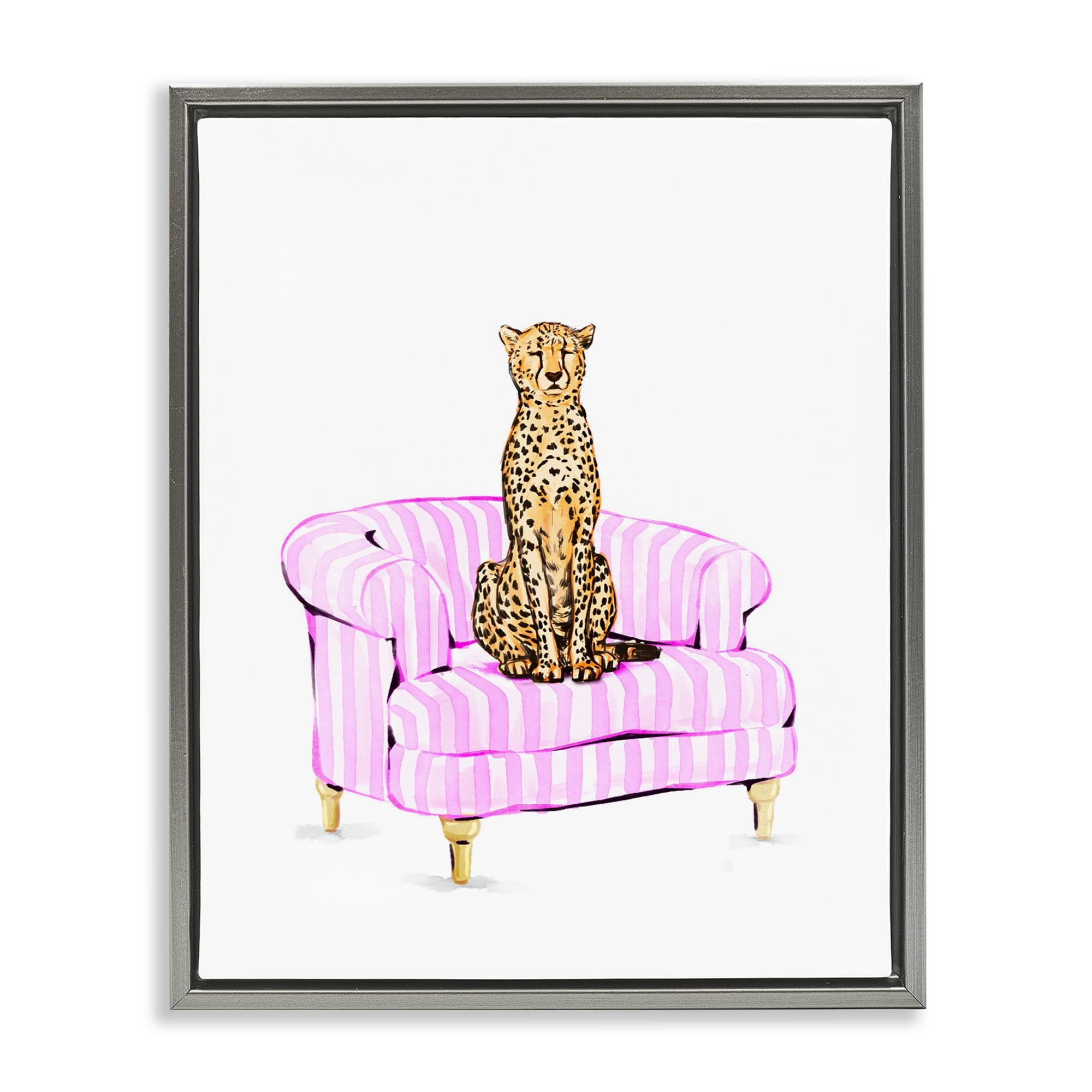 Cheetah on Pink Stripe Chair Gray Framed Floater Canvas Wall Art, design by Ziwei Li