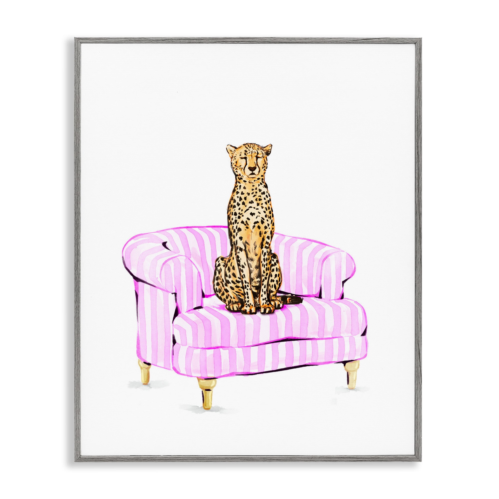 Cheetah on Pink Stripe Chair Gray Framed Giclee Art, design by Ziwei Li