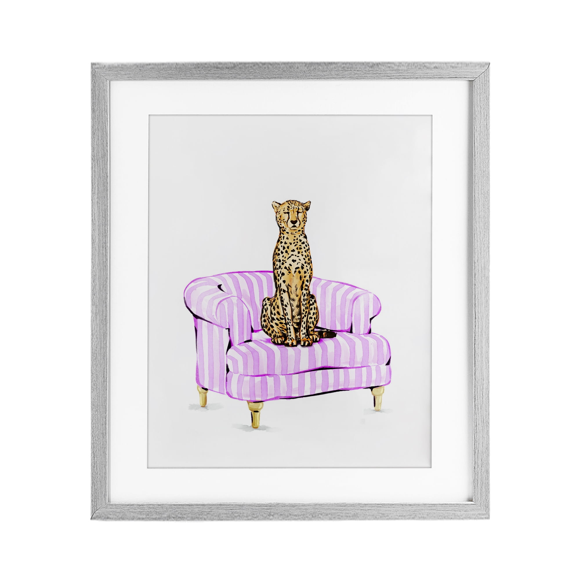 Cheetah on Pink Stripe Chair Gray Framed Print Under Glass, design by Ziwei Li