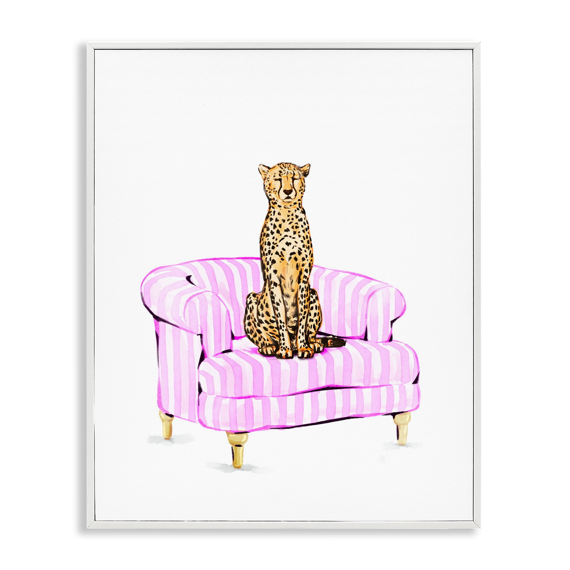 Cheetah on Pink Stripe Chair White Framed Giclee Art, design by Ziwei Li