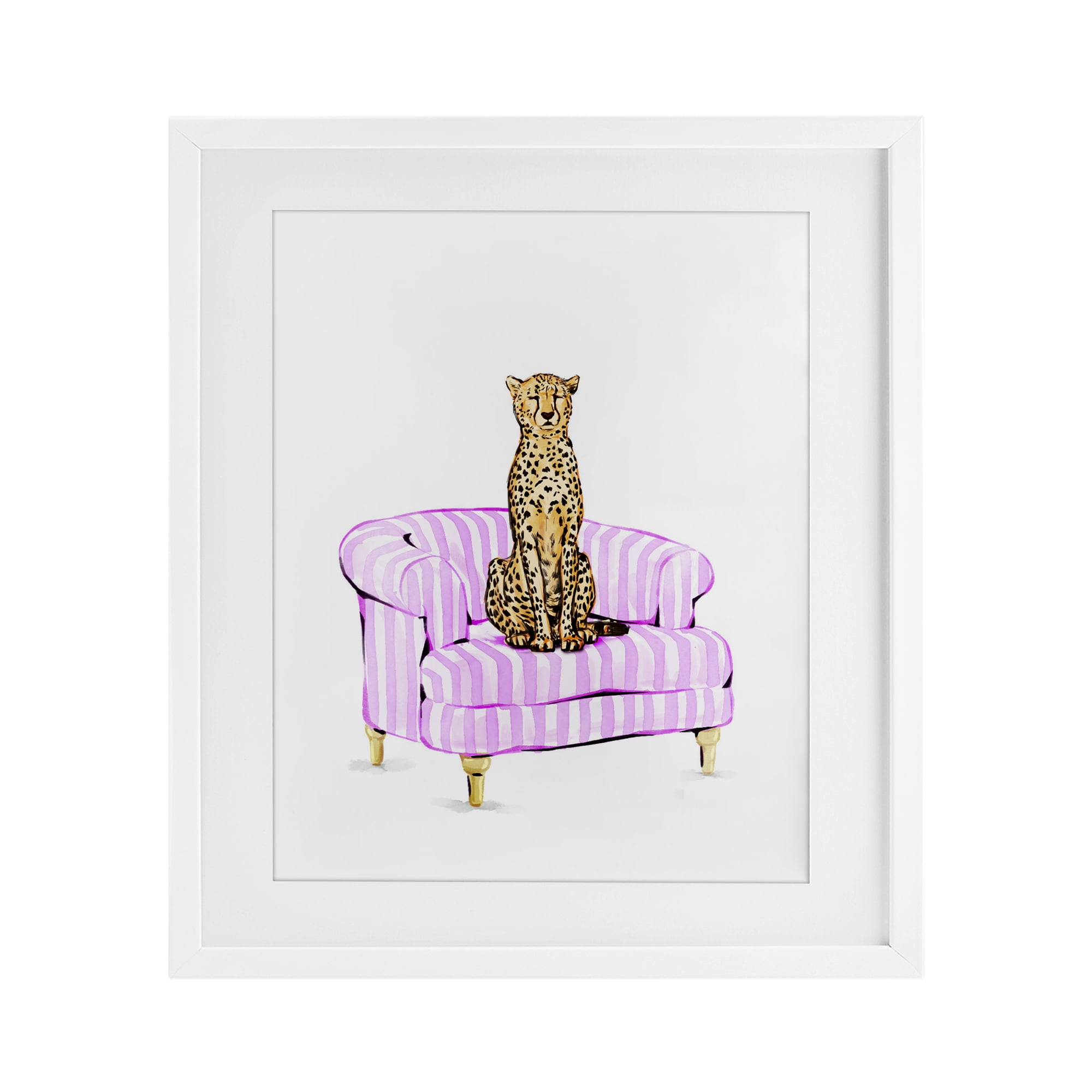Cheetah on Pink Stripe Chair White Framed Print Under Glass, design by Ziwei Li