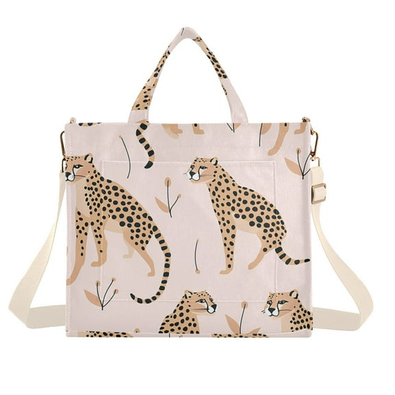 Cheetahes Leopard Corduroy Tote Bag Handbag Large Messenger Bag Shoulder Crossbody Zipper Bag Purse
