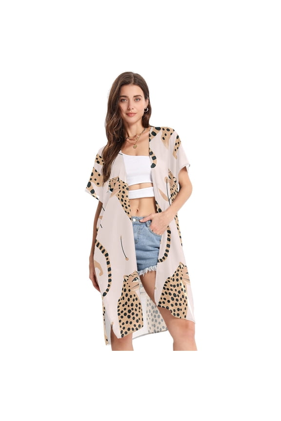 Cheetahes Leopard Women Swimsuit Cover up V Neck Beach Dress Short Sleeve Vacation Outfits Swimwear
