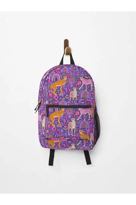 Cheetahs In A Rainbow Garden On Navy Blue Backpack, Back To School Backpack
