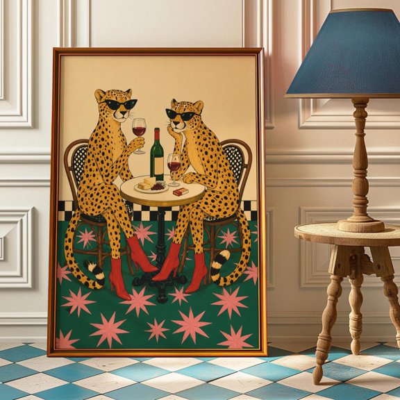 Cheetahs On Wine Date Wall Art Print, Glamorous Retro Animal Illustration And Bar Decor