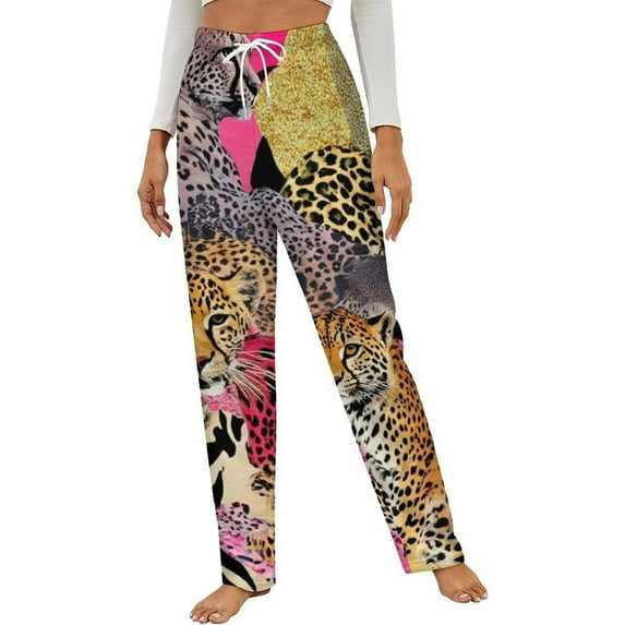 Cheetahs Pink Floral Jungle Print Winter Female Pants Flannel High Waist Women Pants Lady Warm Straight Leg Plush Trousers