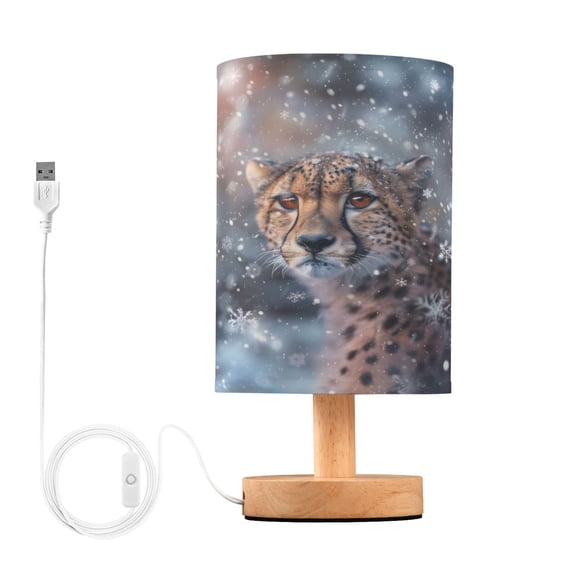 Cheetahs and Snowflakes Bedside Table Lamp Desk Warm Lights with USB Charging Port Cylinder LED Lamps for Bedroom Living Room Office