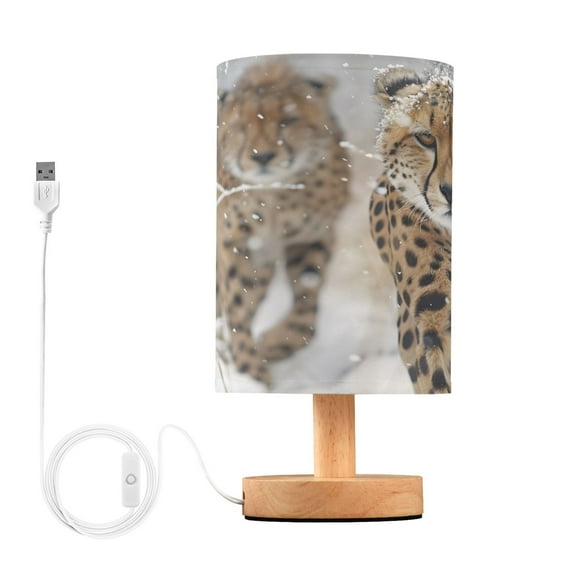 Cheetahs in Winter Bedside Table Lamp Desk Warm Lights with USB Charging Port Cylinder LED Lamps for Bedroom Living Room Office