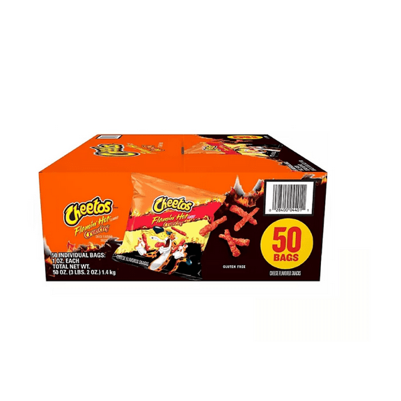 Cheetos CRUNCHY FLAMIN HOT 50 Bags 1 oz EACH Total 50 oz Extreme Spicy Cheese Snack Lunchbox / Office / Vending / Party BULK BOX