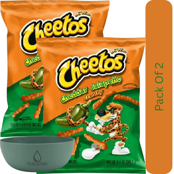 Cheetos Crunchy Cheddar Jalapeo Cheese Puff Chips, 8.5 oz Bag With Olive Green Bowl By ValueNest