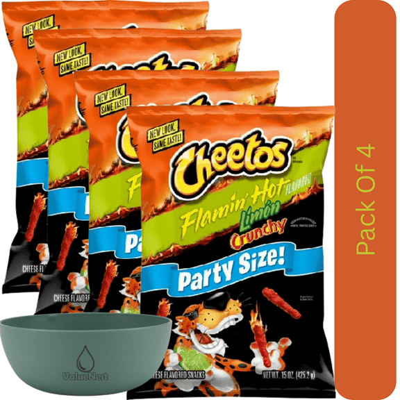 Cheetos Crunchy Cheese Snacks Flamin Hot Limon Flavor, 15 oz Bag With Olive Green Bowl By ValueNest