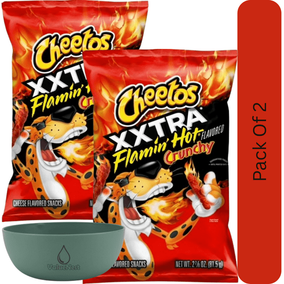 Cheetos Crunchy Cheese Snacks XXtra Flamin Hot, 2.875 oz Bag With Olive Green Bowl By ValueNest