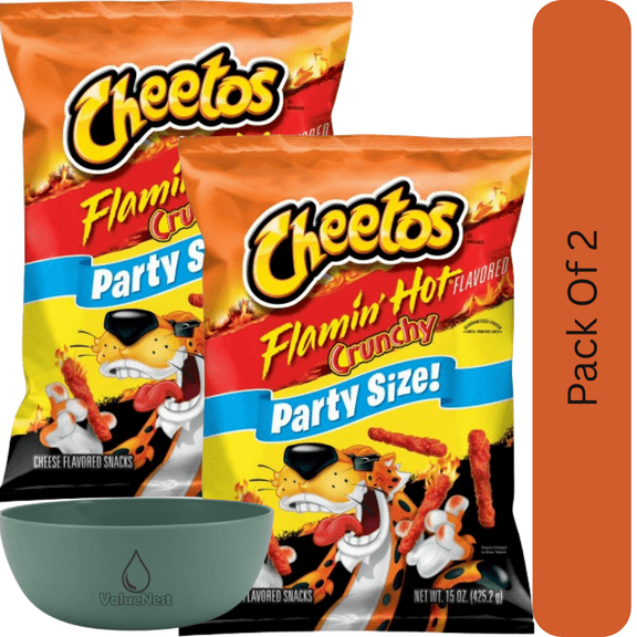 Cheetos Crunchy Flamin Hot Cheese Flavored Snacks, Party Size 15 oz Bag With Olive Green Bowl By ValueNest
