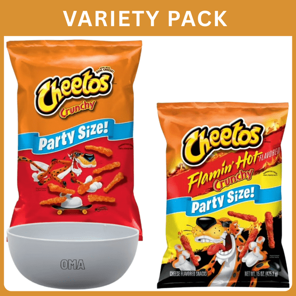 Cheetos Crunchy Flamin Hot Cheese Puff Chips 15 oz Bag (Packaging May Vary) + Cheetos Crunchy Cheese Flavored Snacks 15 oz Bag, Variety Pack with Bowl by OMA.