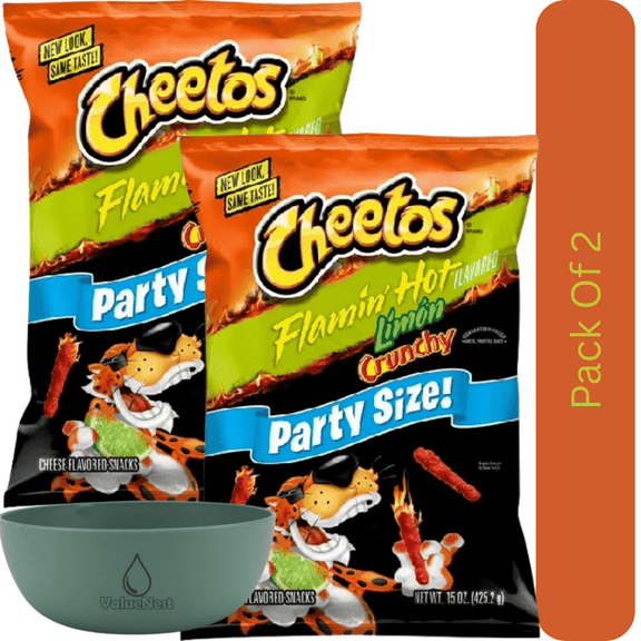 Cheetos Crunchy Flamin Hot Limon Cheese Flavored Snacks, 15 oz Bag With Olive Green Bowl By ValueNest