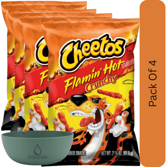 Cheetos Crunchy Mini Flamin Hot Cheese Snacks, 2.875 oz Bag With Olive Green Bowl By ValueNest