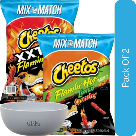 Cheetos Crunchy Snacks Variety Pack  Flamin Hot Limon (17.375 oz) & XXTRA Flamin Hot (17.37 oz)-2pk, With Olive White Bowl By OMA