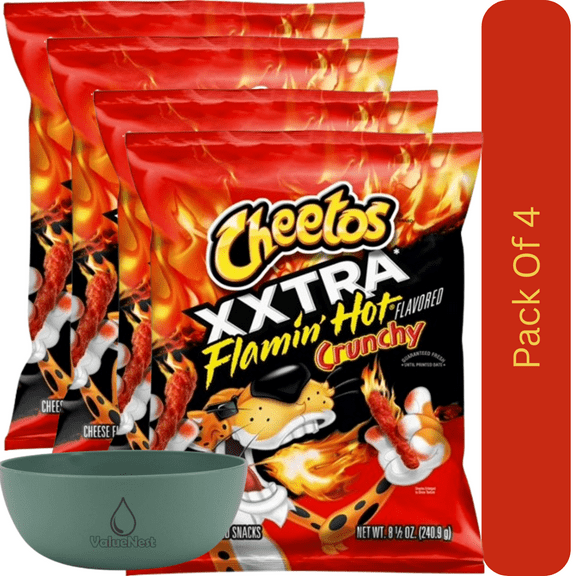 Cheetos Crunchy XXTRA Hot Flamin Cheese Snack Chips, 8.5 oz Bag With Olive Green Bowl By ValueNest