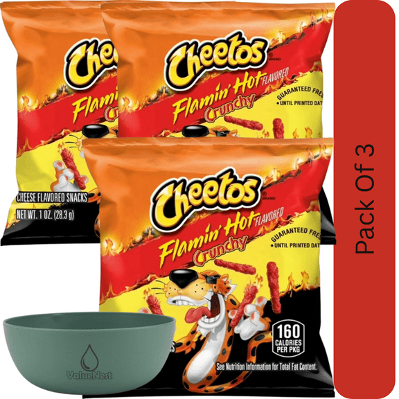 Cheetos Flamin Hot Crunchy Cheese Snacks, 1 oz Bag With Olive Green Bowl By ValueNest