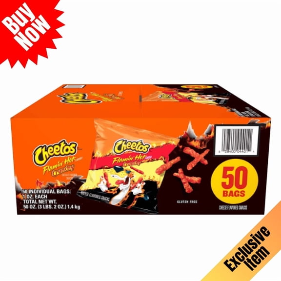 Cheetos Flamin’ Hot Crunchy Cheese Snacks, Single Serve Bags, 1 oz, 50 Count