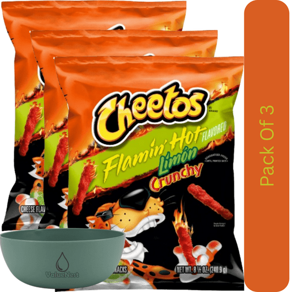 Cheetos Flamin' Hot Limon Crunchy Cheese Flavored Snack Chips, 8.5 oz Bag With Olive Green Bowl By ValueNest